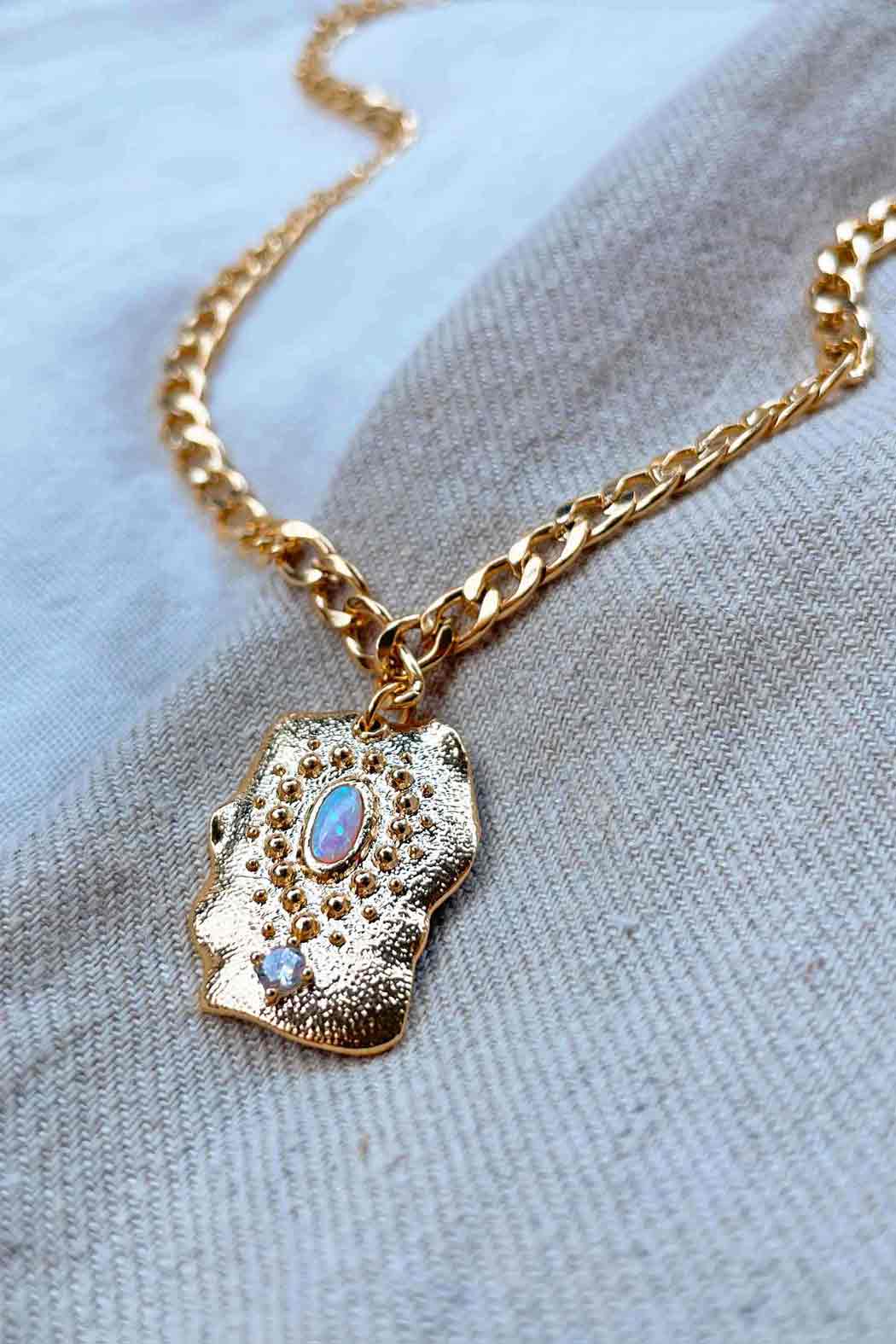 opal-stone-hammered-pendant-gold-statement-necklace